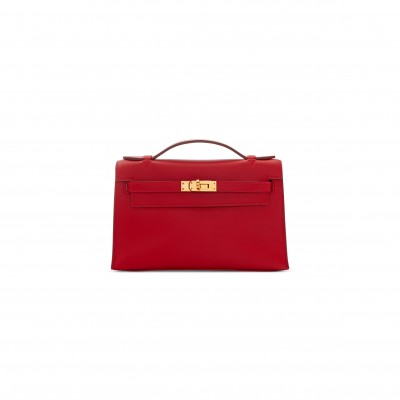 HERMES KELLY POCHETTE ROUGE VIF SWIFT GOLD HARDWARE (22*14*7cm)